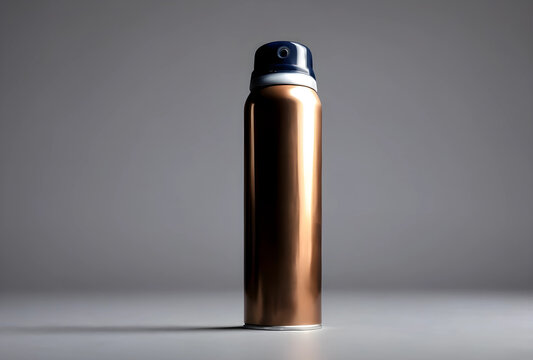 Copper colored aerosol spray can with a dark blue cap, product packaging and personal care item