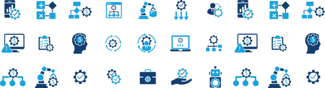 Automation business icons set featuring gears charts robotic arms and computer screens in a flat style gear cog cogs arm