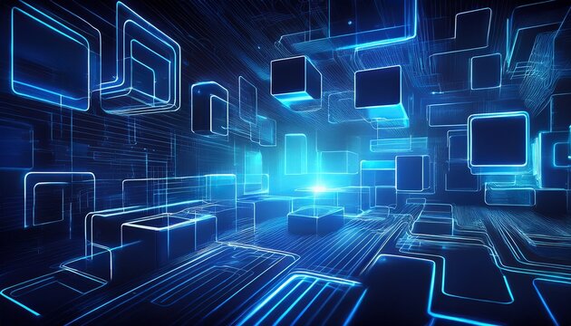 glowing blue neon squares and lines on dark background abstract technology digital hi tech concept with cubes