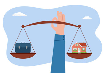 Work or life. Chooses between two realms. Right decision. Weighs two options. Smart time management. Finding a balance. Cartoon flat vector.