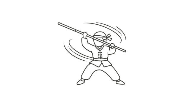 Martial Artist Spinning Bo Staff in Dynamic Action Pose - Line Art