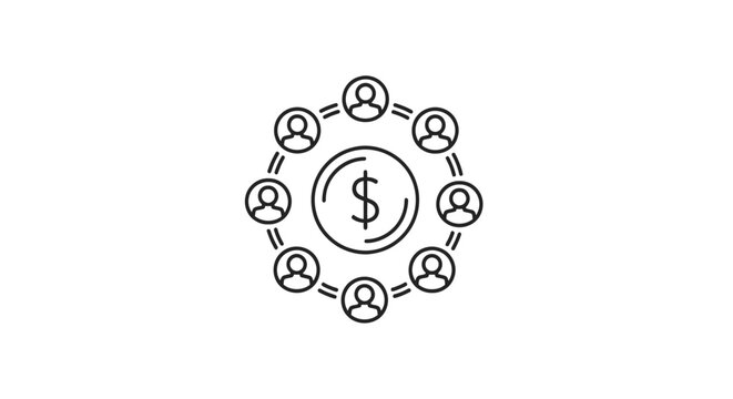 Circle of people around dollar coin, teamwork, financial network, money sharing concept