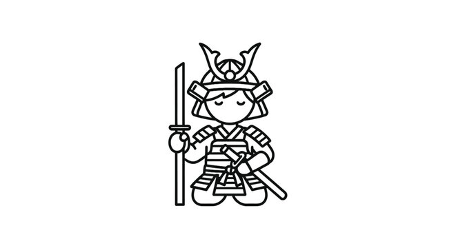 Cute Cartoon Samurai Warrior with Sword and Helmet, Line Art Illustration