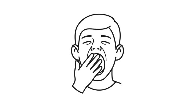 Man yawning, covering mouth with hand, tired expression, fatigue, sleepiness, vector illustration