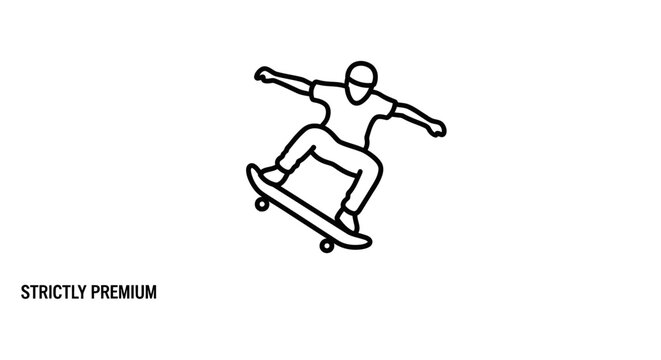 Skateboarder Silhouette Performing Trick on Skateboard, Line Art Icon