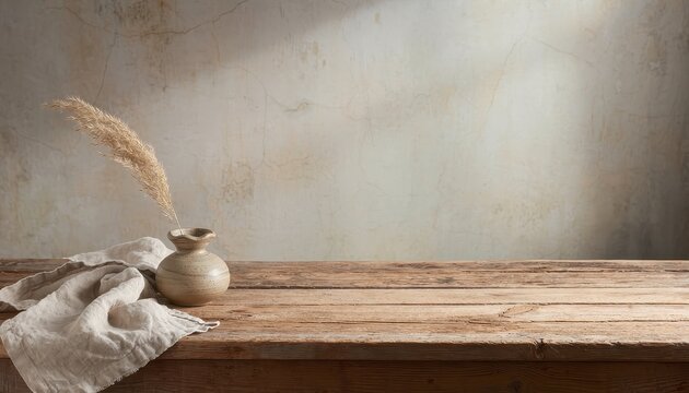 Japanese Wabi Sabi Background Concept. Minimalist rustic interior with vase, pampas grass, and textured wall