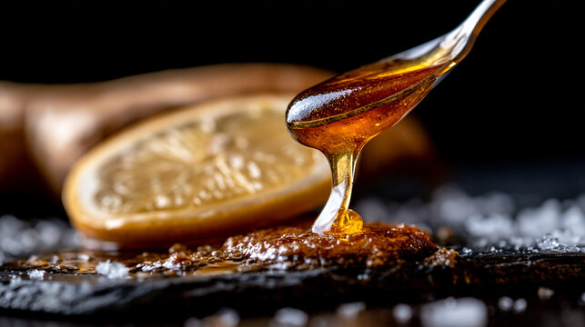 Golden honey drip from dipper onto lemon slice with ingredient nutrition breakfast