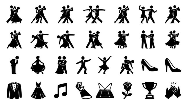 Ballroom dancing black silhouette icon set featuring dancing couples tango salsa waltz dress high heels and musical notes