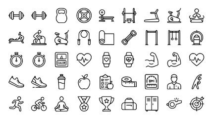 Active lifestyle sport linear icons collection with exercise bike skipping rope barbell bench press smartwatch and healthy lifestyle symbols © MdShahin