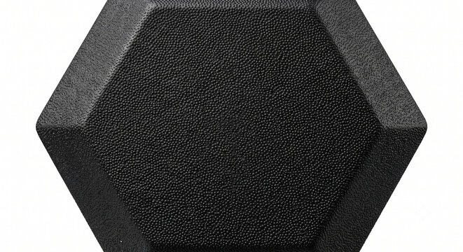 Extreme macro of the matte black molded rubber texture of a hex dumbbell on a white background.