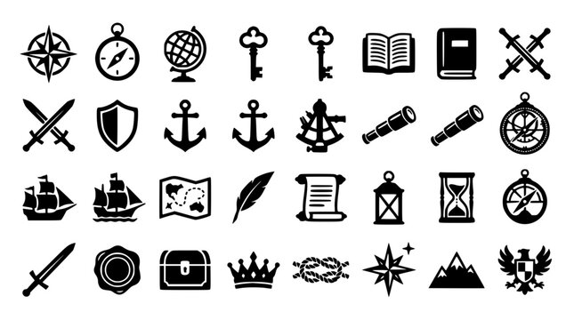 Vintage nautical navigation and medieval adventure black icon set with anchor compass map sword shield and treasure chest symbols