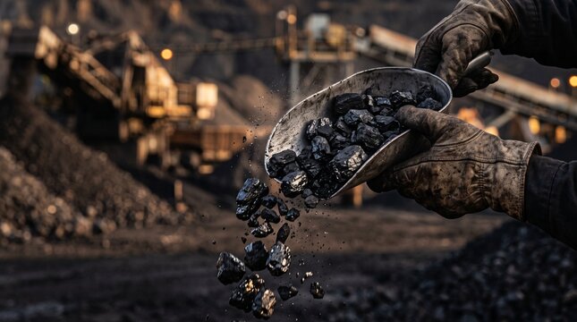 Miner hands in gloves holding and pouring black coal chunks with heavy mining truck in blurred background, industrial close-up representing coal mining industry, energy production and fossil fuel