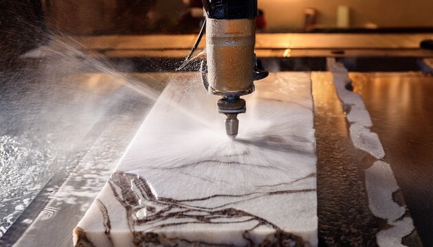 high pressure water jet cutter slicing through thick marble slab with intense spray for industrial stone processing
