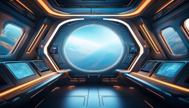 high tech spaceship interior bright lighting dark space view through window banner with copy space