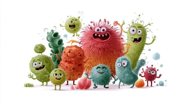A whimsical depiction of a bacteria party, animated characters, joyful expressions, isolated on white background.