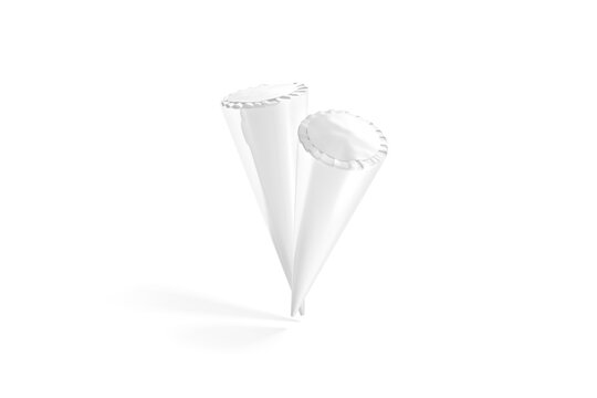 Blank white ice cream cone pack pair mockup png, transparent background, 3d rendering. Empty sweet conic icecream package mock up cut out. Clear takeout disposable label holder with gelato template.
