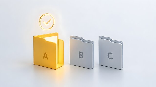 Glowing yellow folder with checkmark representing choice and organization among grey folders on white background