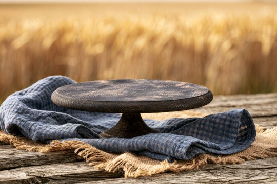 Rustic wooden product podium with blue fabric and golden wheat field background
