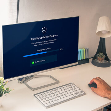Security software update in progress on desktop monitor