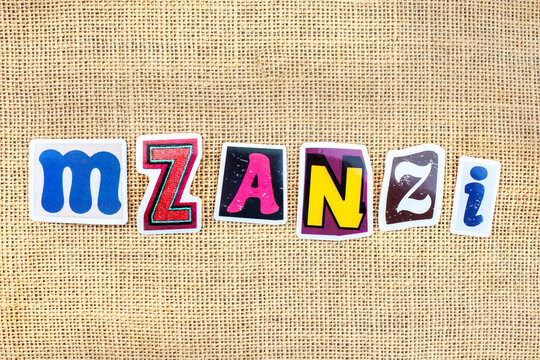 Mzansi South African nickname spelled with colorful magazine style alphabet stickers on rustic burlap background