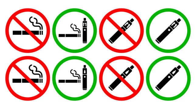 Set of smoking and vaping icons, no smoking and no vaping signs, smoking and vaping allowed signs