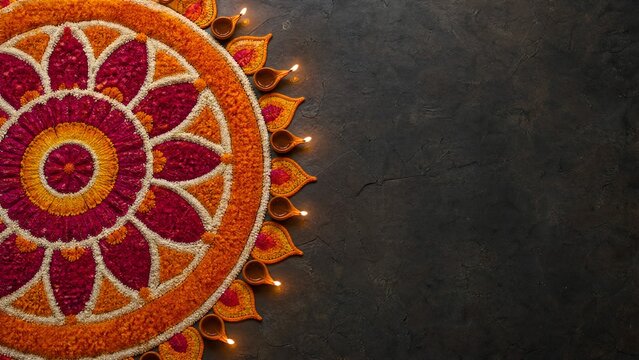 Diwali 2026 rangoli decoration top view with copy space