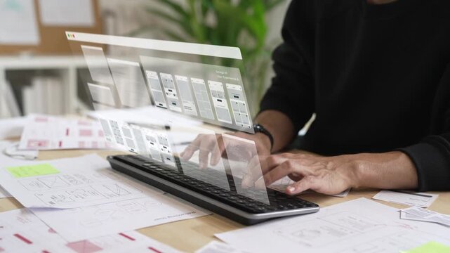A male designer working on website prototype, in UX UI concept design and development for a website and mobile app prototype, with hologram interface