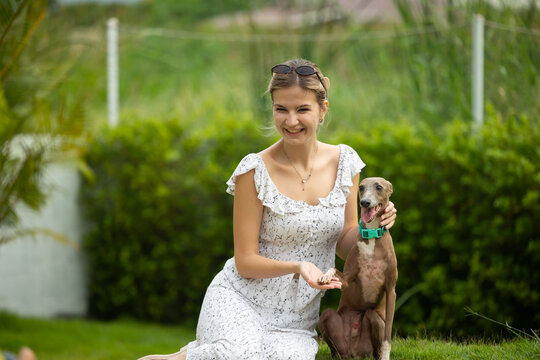 young caucasian woman embraces her gray Italian Greyhound dog, appearing relaxed and content. Home pets. woman holding and hugging her cute dog while walking in the park Outdoor