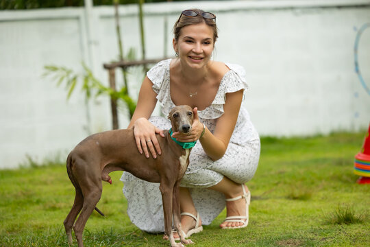 young caucasian woman embraces her gray Italian Greyhound dog, appearing relaxed and content. Home pets. woman holding and hugging her cute dog while walking in the park Outdoor