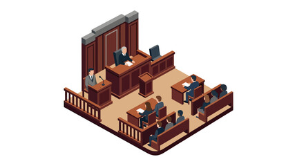 Obraz premium Elegant Isometric of a Wooden Courtroom with Judge Lawyers and Jury in Session with high quality professional line art symbols for modern creative design and digital branding projects