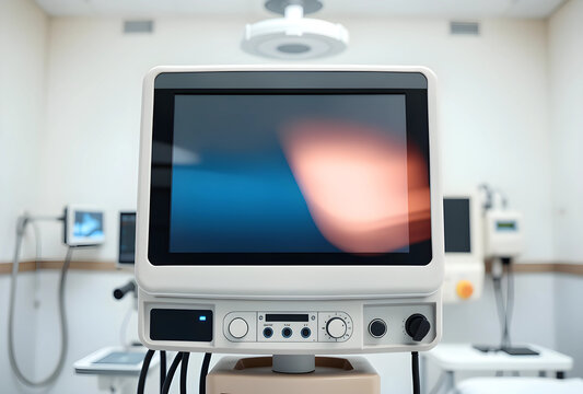 Modern medical monitor with blank screen in a hospital operating room, healthcare technology and diagnostic equipment