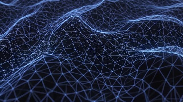 Blue geometric wireframe waves on dark background.