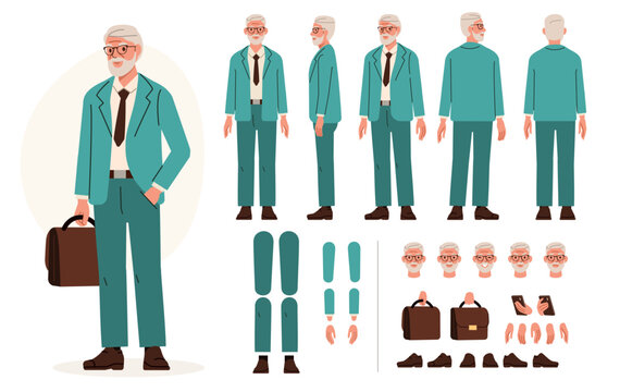 Senior businessman character wearing fashionable suit, glasses and beard. Collection of poses and postures for animation set. Front, side, back view vector illustration.  

