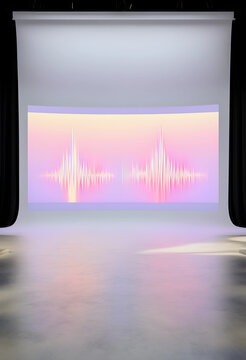 Empty white cyclorama studio with a large curved screen displaying a colorful sound wave graphic