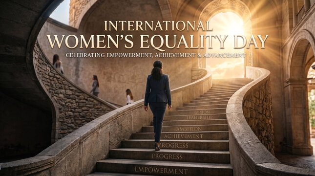 Sophisticated background featuring the title "International Women's Equality Day" floating above a symbolic staircase leading toward bright sunlight, achievement, empowerment, and career advancement