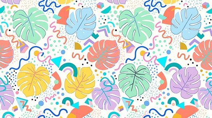 Naklejka premium Colorful tropical leaves and abstract waves seamless pattern design.