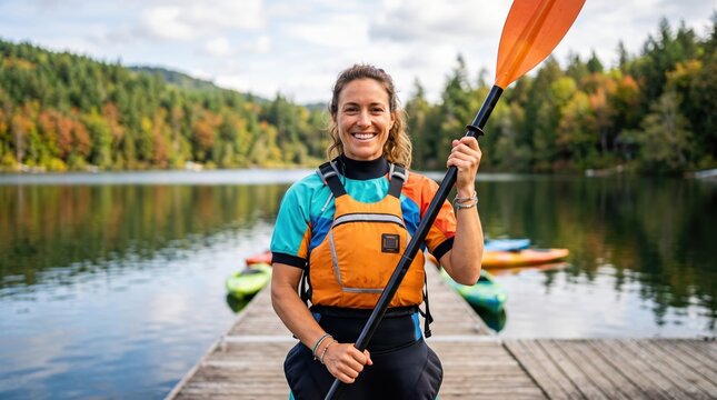 Smiling kayaking instructor holding a paddle