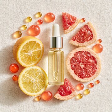 Citrus skincare serum with orange and grapefruit slices on soft textured background