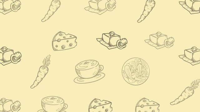 Animated seamless breakfast food doodle pattern on yellow background