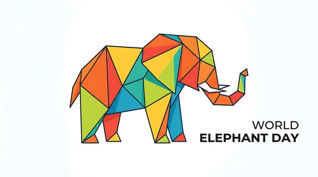Geometric low poly elephant illustration, colorful origami animal for World Elephant Day, vibrant polygonal wildlife graphic on white background
