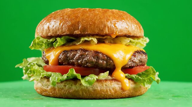 Gourmet cheeseburger with melting cheese and fresh lettuce rotating in a seamless loop against a solid green screen background