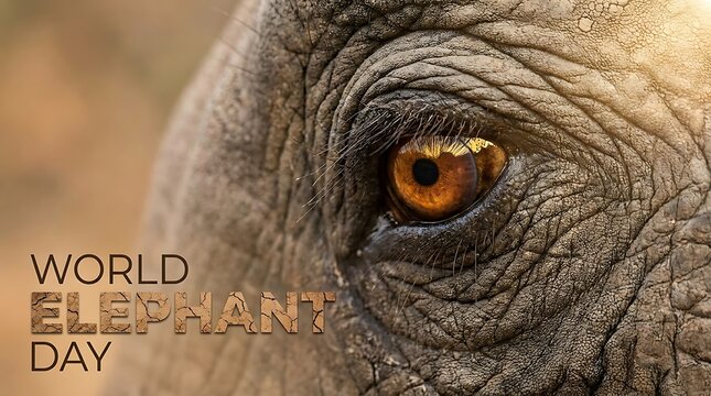 World Elephant Day banner with close-up of elephant eye, wrinkled skin texture of African elephant, wildlife conservation and awareness concept