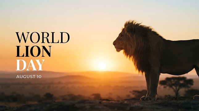 World Lion Day banner for August 10, majestic male lion silhouette at sunset, African savanna wildlife conservation concept