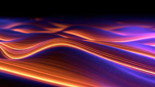 Abstract flowing waves of light in vibrant orange and purple hues against a dark background, digital art.
