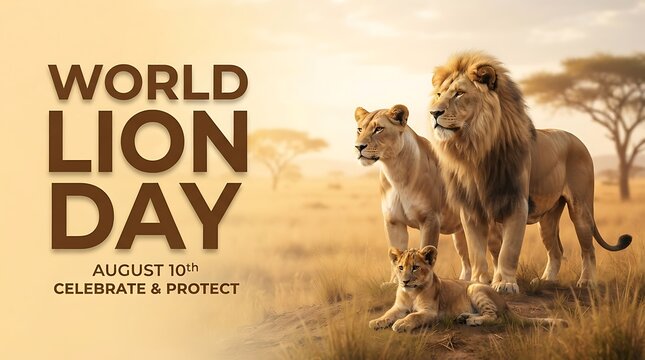 World Lion Day banner for August 10th, majestic lion family in African savanna, wildlife conservation and protection awareness poster