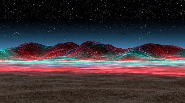 Abstract alien landscape with glowing red and teal mountains under a starry night sky