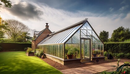 Naklejka premium old garden greenhouse transformed into modern home conservatory renovation