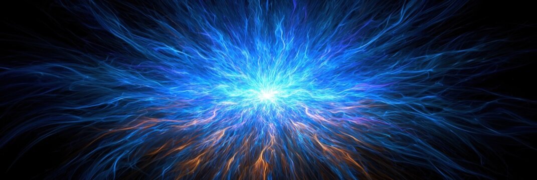 Abstract blue energy explosion radiating from a bright center against a dark background