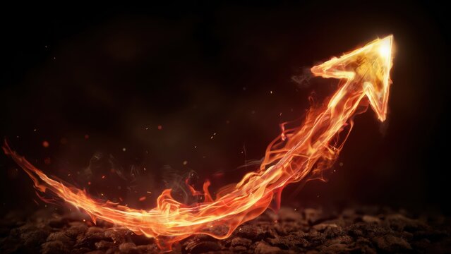 Glowing fire arrow rising upward against a dark background symbolizing growth, energy, and rapid progress.