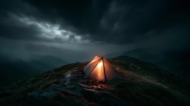 A dramatic landscape photograph captures a solitary tent pitched on a rocky outcrop under a stormy sky. The tent is illuminated from within, casting a warm, orange glow on the rugged terrain. The.